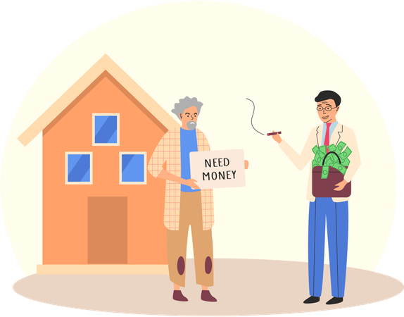 Unemployed guy homeless tramp begging on street Illustration