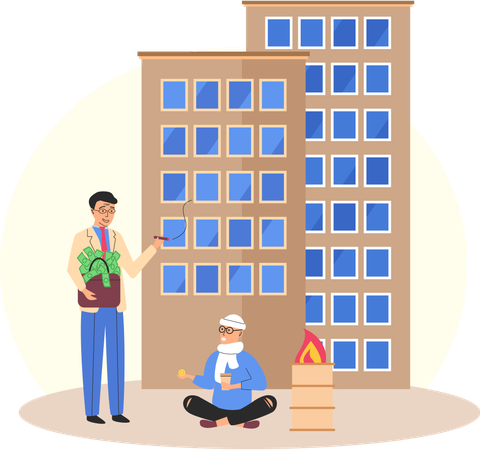 Unemployed guy homeless tramp begging on street  Illustration
