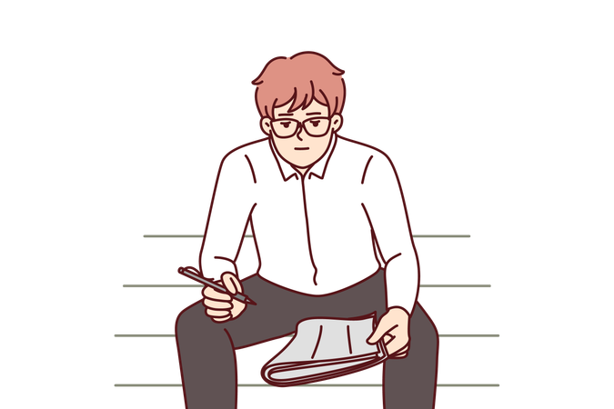 Unemployed man with newspaper is looking for vacancies while sitting on park bench  イラスト