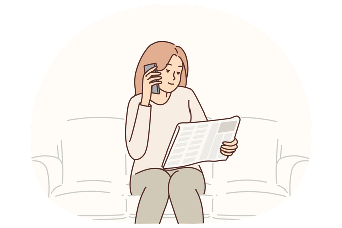Unemployed woman sits on sofa with newspaper calling potential employers have placed ads in press  Illustration