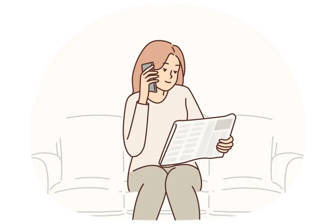 Unemployed woman sits on sofa with newspaper calling potential employers have placed ads in press  Illustration