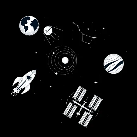 Unending Universe Modern Flat Design Style Illustration Black And White Image With A First Satellite Planets Space Station Rocket Constellation Solar System Galaxy Cosmic Exploration Idea Illustration