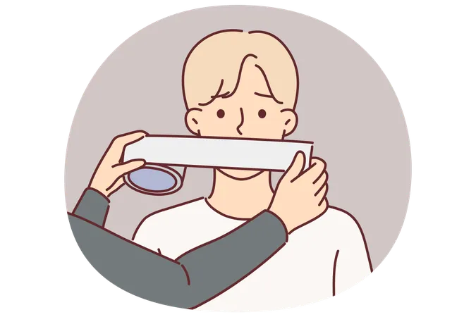 Unfortunate man taped over mouth with censorship to limit speech and stop spread of information  Illustration