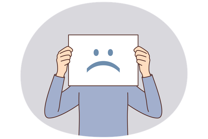 Unglückliche Emotionen auf dem Plakat verbergen das Gesicht des Mannes für das Konzept der schlechten psychischen Verfassung der Mitarbeiter des Unternehmens  Illustration
