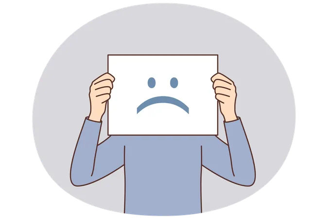 Unglückliche Emotionen auf dem Plakat verbergen das Gesicht des Mannes für das Konzept der schlechten psychischen Verfassung der Mitarbeiter des Unternehmens  Illustration