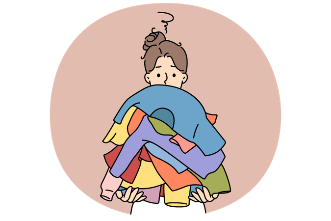 Unglückliche Frau hält Haufen schmutziger Kleidung  Illustration