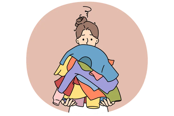 Unglückliche Frau hält Haufen schmutziger Kleidung  Illustration