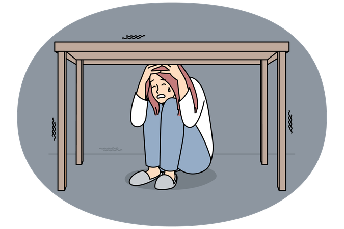 Unglückliche, gestresste Frau versteckt sich unter dem Tisch  Illustration