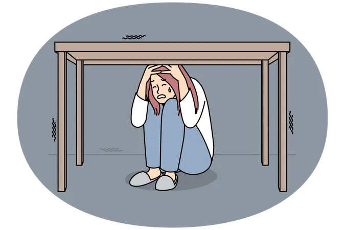 Unglückliche, gestresste Frau versteckt sich unter dem Tisch  Illustration