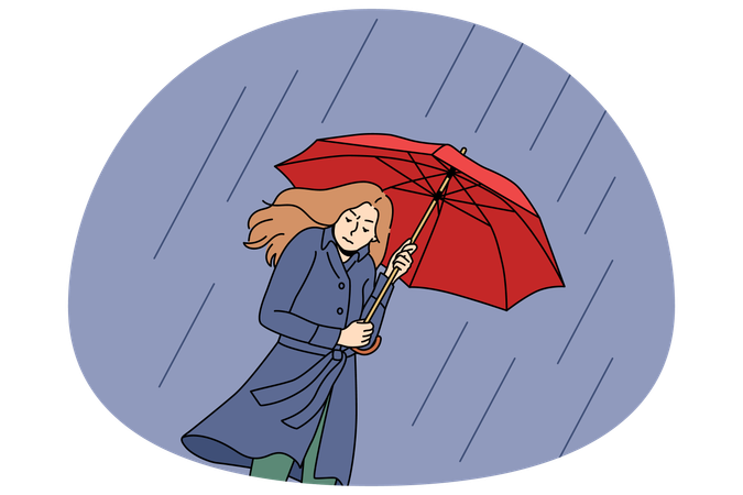 Unglückliche junge Frau geht an einem regnerischen Tag unter einen Regenschirm  Illustration