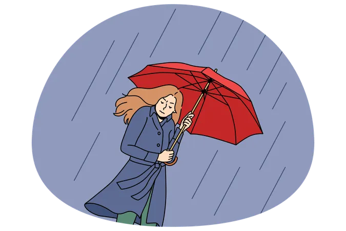 Unglückliche junge Frau geht an einem regnerischen Tag unter einen Regenschirm  Illustration