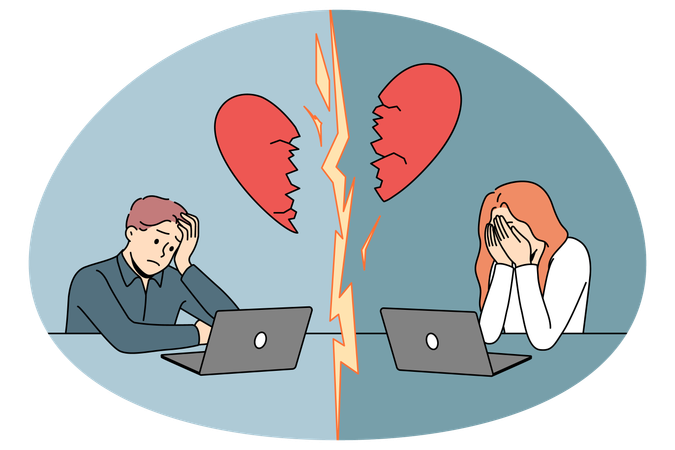 Unglücklicher Mann und Frau beenden Online-Dating-Beziehung  Illustration