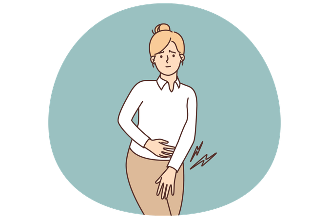 Unglückliches Mädchen drückt während der Menstruation schmerzhaft die Handfläche an den Damm  Illustration