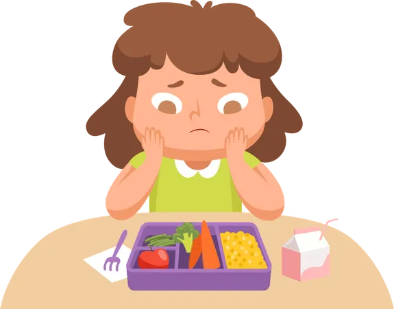 Unzufriedenes Mädchen wegen gesundem Salat in der Lunchbox  Illustration