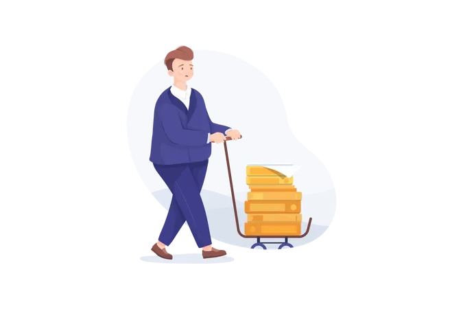 Unhappy businessman carries a pile of documents, folders, paper on a cart Illustration