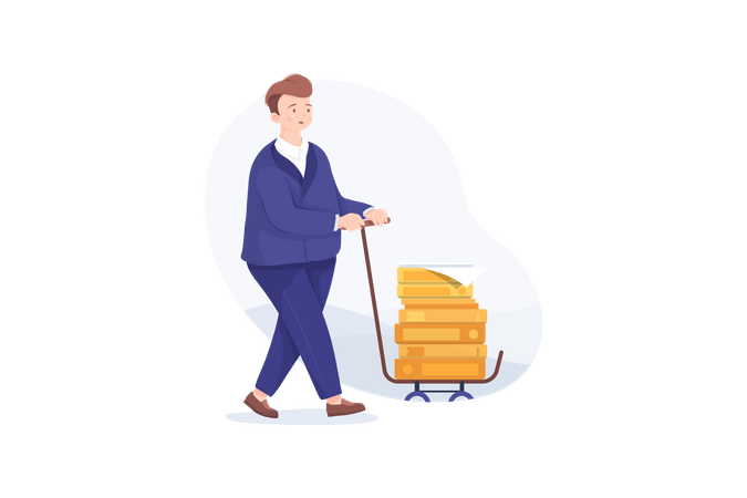 Unhappy businessman carries a pile of documents, folders, paper on a cart  Illustration