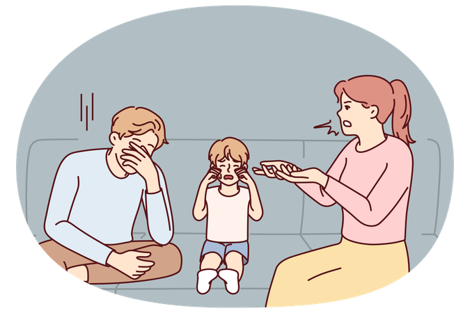 Unhappy child crying with parents fighting  Illustration