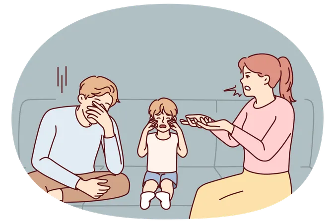 Unhappy child crying with parents fighting  Illustration
