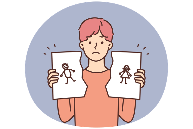 Unhappy child hold torn family picture  Illustration