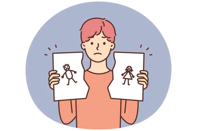 Unhappy child hold torn family picture  Illustration