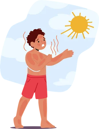 Unhappy Child With Painful Skin Sunburn Red And Inflamed Causing Discomfort And Distress Needing Treatment And Relief Little Boy Character With Sensitive Skin Cartoon People Vector Illustration Illustration
