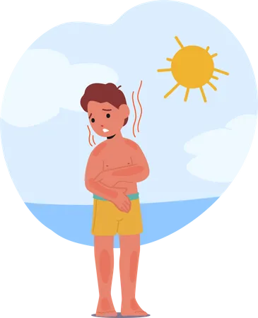 Unhappy child with painful skin sunburn  Illustration