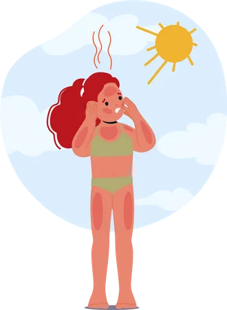 Unhappy Child With Sunburned Skin Red And Painful Feel Discomfort And Distress Little Girl Character Reminds Of The Importance Of Sun Protection And Skincare Cartoon People Vector Illustration Illustration