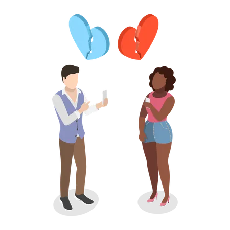 3 D Isometric Flat Vector Illustration Of Heartbreack Unhappy Couple With Broken Hearts Illustration