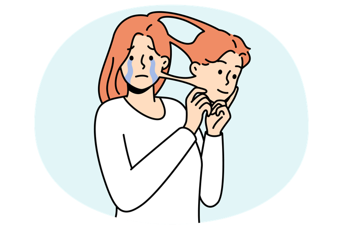 Unhappy crying woman take out mask of man suffer from trans gender identity problem  Illustration