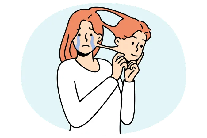 Unhappy crying woman take out mask of man suffer from trans gender identity problem  Illustration