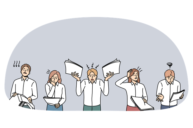 Unhappy employees frustrated with company paperwork results  Illustration