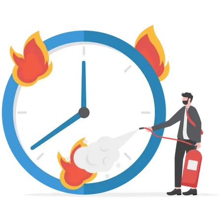 Unhappy Employees Near Burning Stopwatch Deadline Concept Alarm Clock In Fire Be In Time Stress From Being Overwhelmed Heavy Work Schedules Manager With Burnout Psychological Pressure Vector Illustration