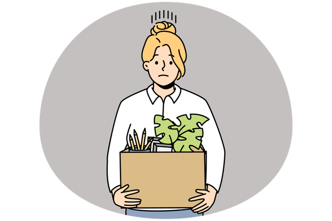 Unhappy female employee with box with personal belongings fired from work leave office  Illustration