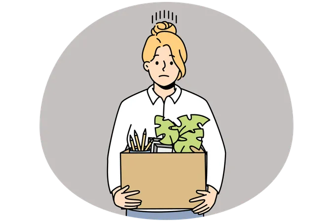 Unhappy female employee with box with personal belongings fired from work leave office  Illustration