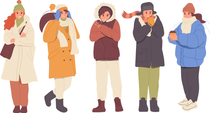 Unhappy freezing people characters wearing warm winter clothes trembling feeling cold and unwell  Illustration