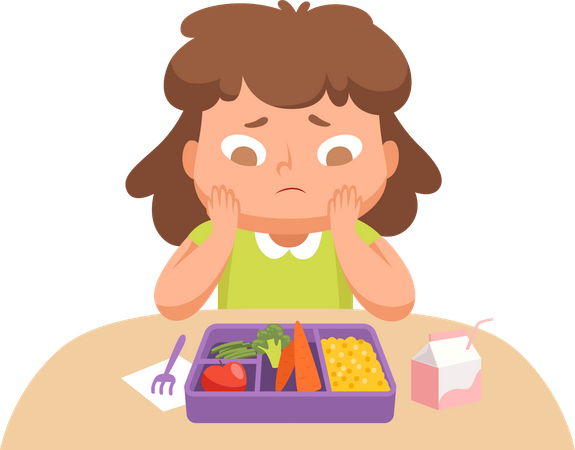 Unhappy girl due to healthy salad in tiffin box  Illustration