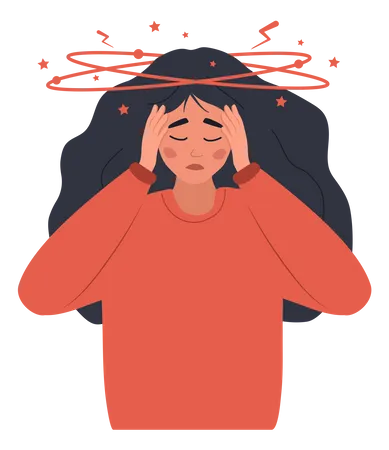 Anemia Concept Sad Woman With Dizziness Unhappy Girl Suffers From Vertigo And Headache And Needs Medical Help Lack Of Iron In Immune System Vector Illustration In Flat Cartoon Style Illustration