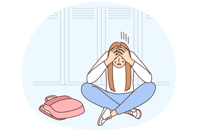 Unhappy girl sit on floor in school cry suffer from bullying  Illustration