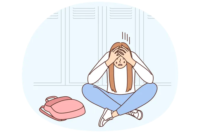 Unhappy girl sit on floor in school cry suffer from bullying  Illustration