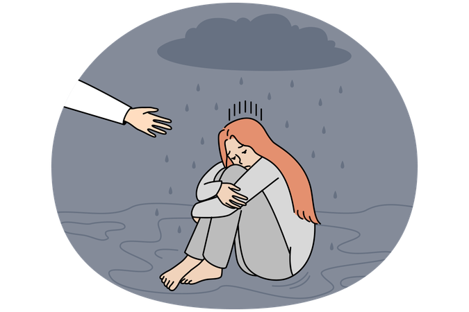Unhappy girl sitting under rain cloud ignore helping hand give support  Illustration