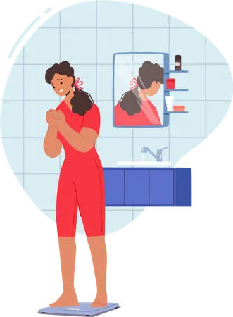 Unhappy girl standing on weight scale  Illustration