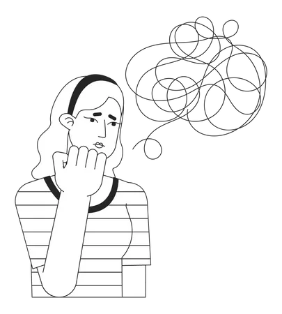 Unhappy Caucasian Girl Bw Concept Vector Spot Illustration Chaos Anxiety Thoughts 2 D Cartoon Flat Line Monochromatic Character For Web UI Design Editable Isolated Outline Hero Image Illustration