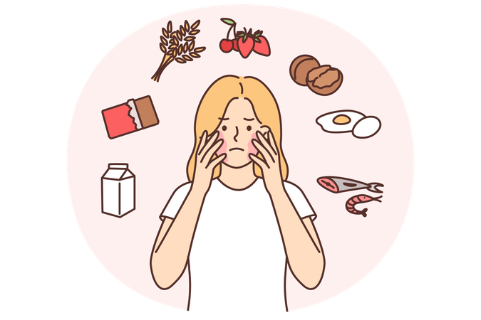 Unhappy girl with problems due to allergies and skin irritation or rash on face after eating  Illustration