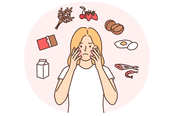 Unhappy girl with problems due to allergies and skin irritation or rash on face after eating  Illustration