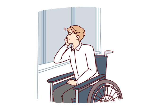 Unhappy handicapped man sits in wheelchair and sadly looks out window  Illustration