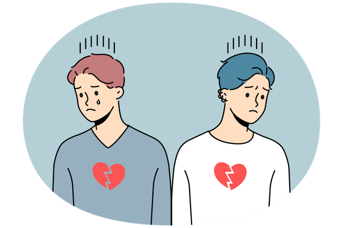 Unhappy homosexual couple suffer from broken hearts  Illustration