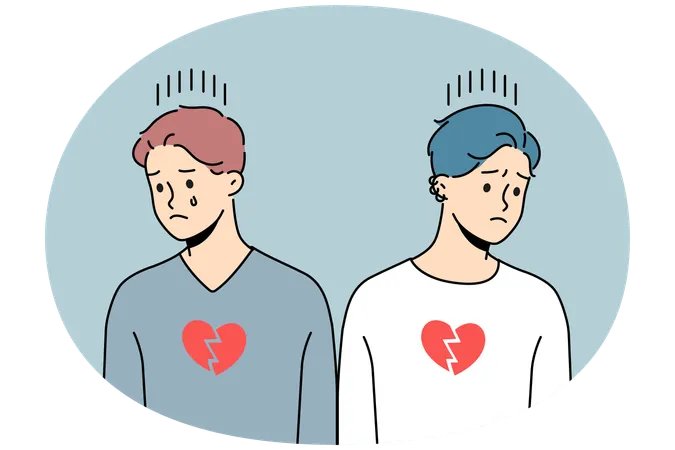 Unhappy homosexual couple suffer from broken hearts  Illustration