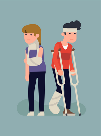 Unhappy injured woman and man with plaster cast on leg, arm and neck, crutches, bondage on head  Illustration