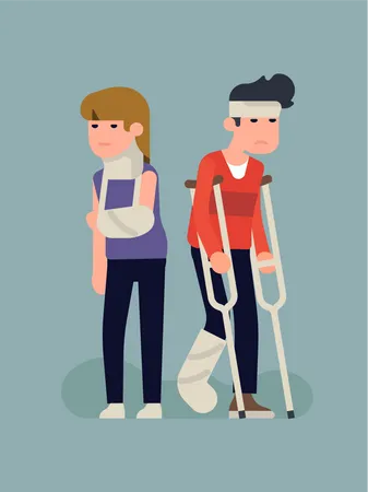 Unhappy injured woman and man with plaster cast on leg, arm and neck, crutches, bondage on head Illustration