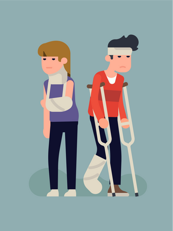 Unhappy injured woman and man with plaster cast on leg, arm and neck, crutches, bondage on head  イラスト